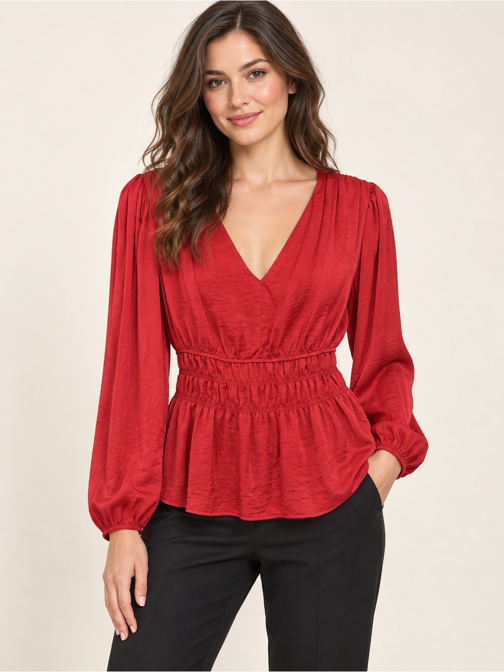 Anthropologie Dolan Red Satin V-Neck Smocked Waist Peplum Blouse Medium